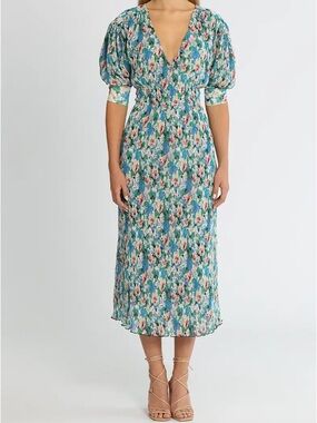 Ganni Teal Floral V-Neck Puff-Sleeve Midi Dress